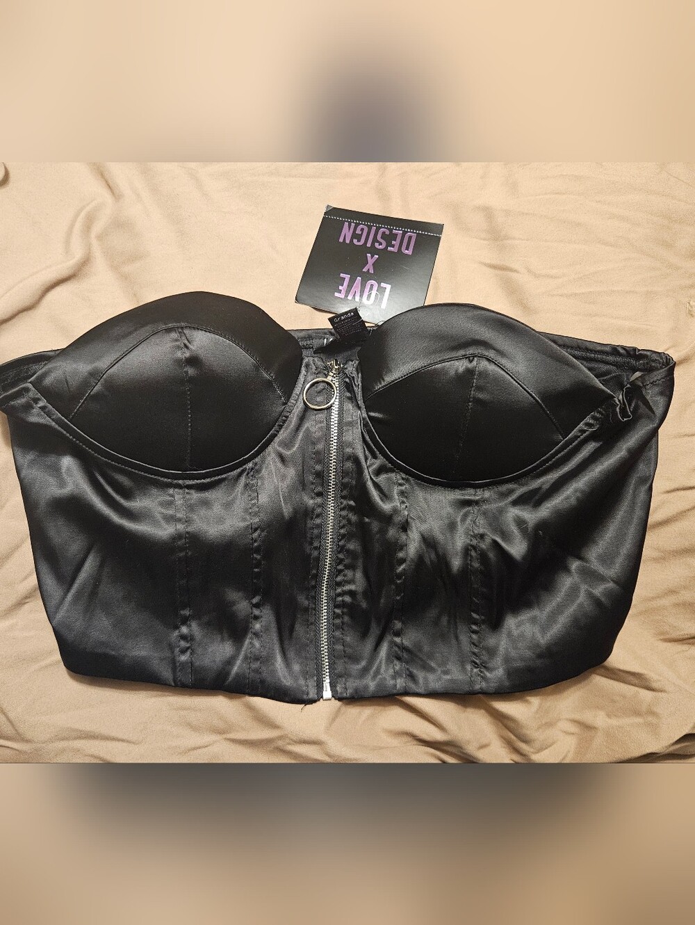 Love By Design Cropped Top Satin Sleeveless Bustier Black Large